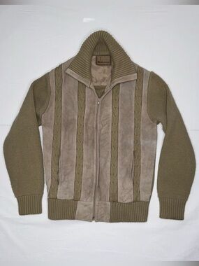 Richman - Vintage Olive and Taupe Zip-Up Knit & Leather Sweater 100% Leather
